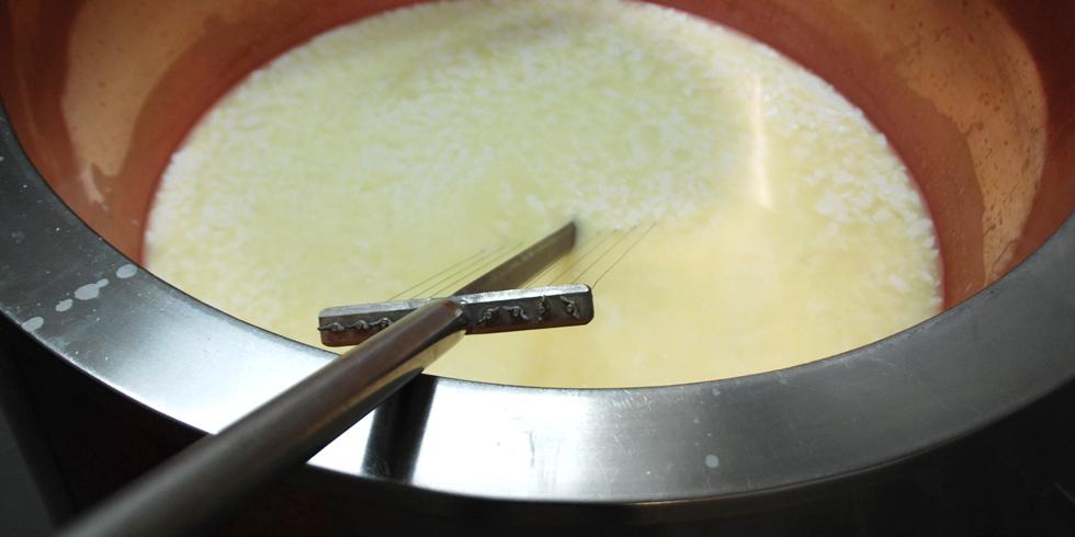 Frische Milch im Käsekessel